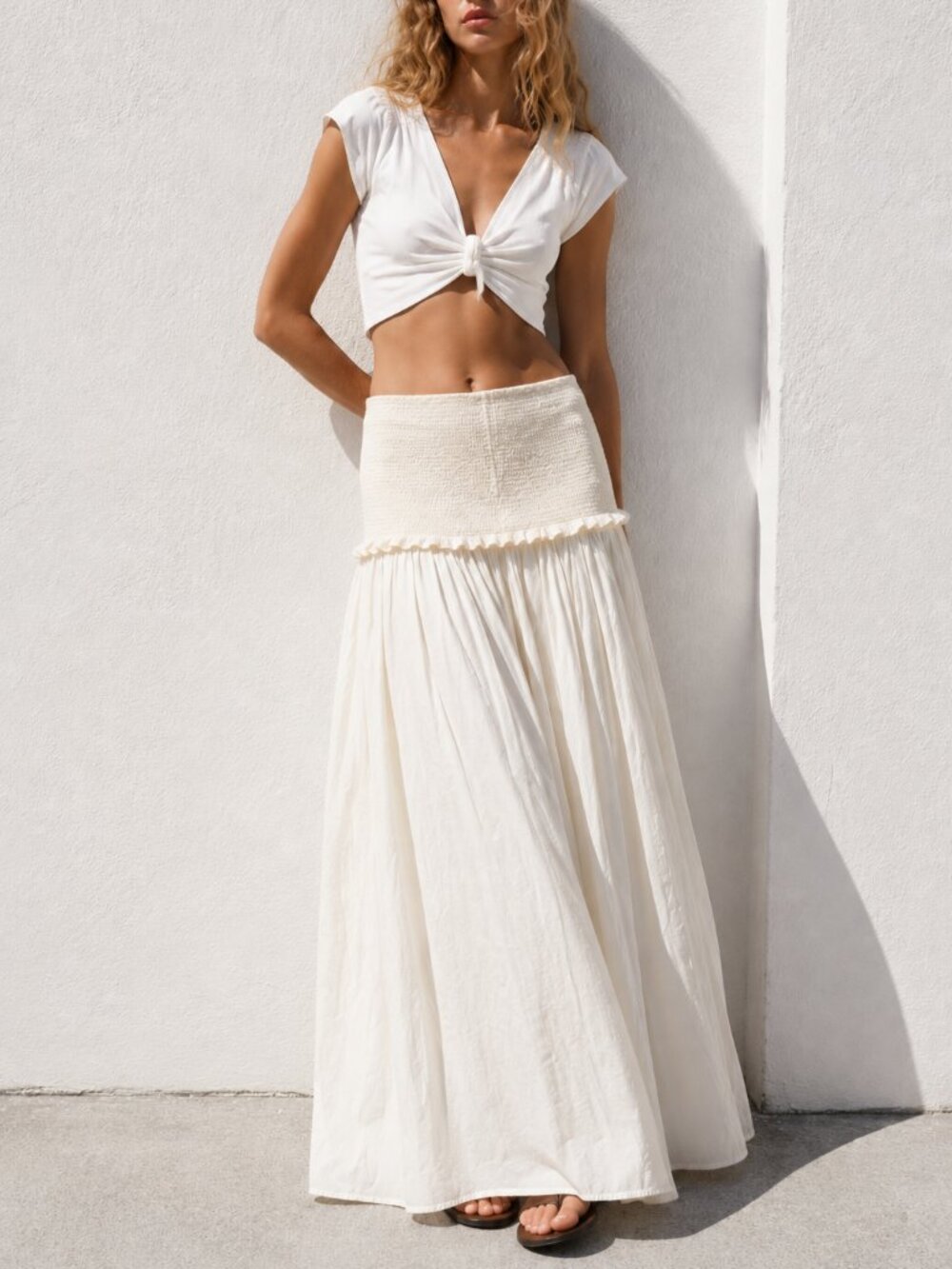 ZARA Ecru Smocked Linen/Knit Maxi Skirt | Size S